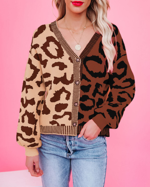 Contrast leopard print V-neck single breasted cardigan sweater