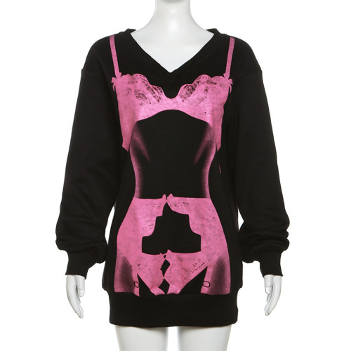 Women's solid color loose fitting street fashion V-neck printed long sleeved sweater