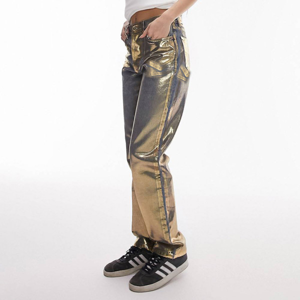 Solid color gilded zippered pocket slimming denim straight leg casual pants