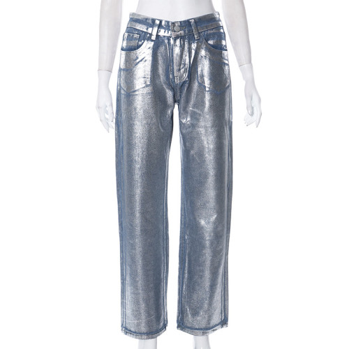 Solid color gilded zippered pocket slimming denim straight leg casual pants