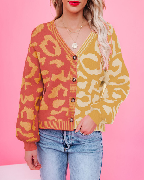 Contrast leopard print V-neck single breasted cardigan sweater