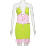Colored Sexy Hanging Neck Open Back Lace up Slim Fit Wrap Hip Skirt Set