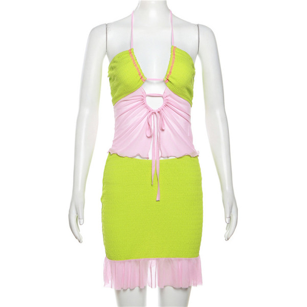 Colored Sexy Hanging Neck Open Back Lace up Slim Fit Wrap Hip Skirt Set