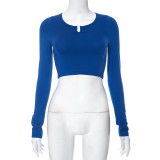 Solid color base long sleeved round neck T-shirt short top