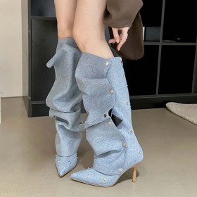 Willow nail buckle splicing for two pairs of thin high heel denim pleated stacked boots