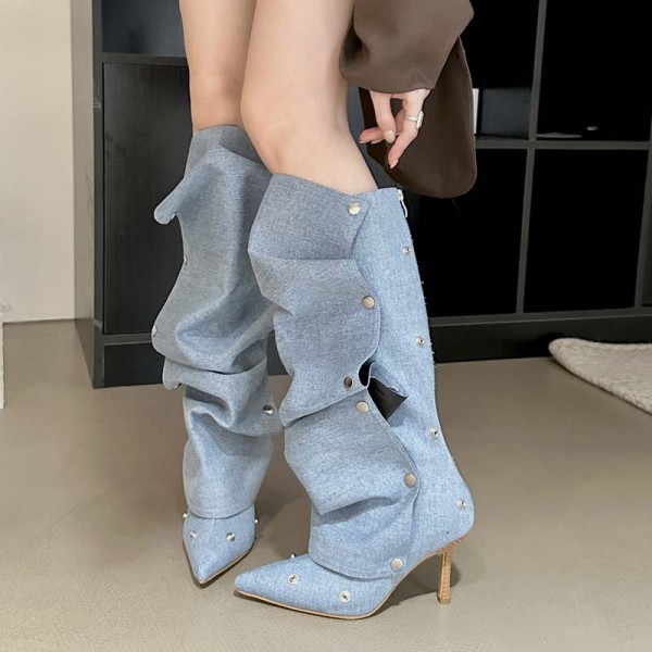 Willow nail buckle splicing for two pairs of thin high heel denim pleated stacked boots