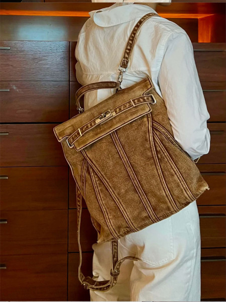 Retro washed denim large capacity backpack