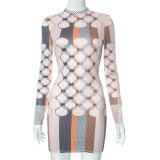 Printed Long Sleeve Round Neck Tight Wrapped Hip Dress
