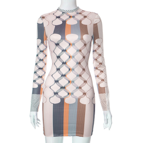 Printed Long Sleeve Round Neck Tight Wrapped Hip Dress