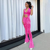 Knitted low collar tank top with high waist and long flared casual pants