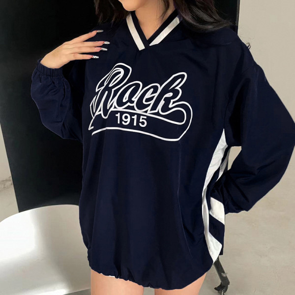 Women's letter printed contrast woven loose fitting sweater