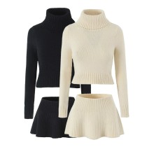 Knitted ruffled high neck long sleeved solid color sweater A-line half skirt set Knitted ruffled high neck long sleeved solid color sweater A-line half skirt set