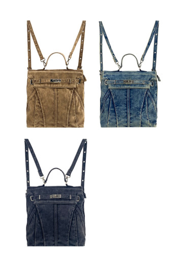 Retro washed denim large capacity backpack