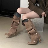 Willow nail buckle splicing for two pairs of thin high heel denim pleated stacked boots