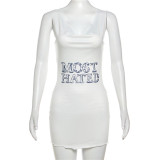 Metal chain backless letter printed irregular hollow out dress