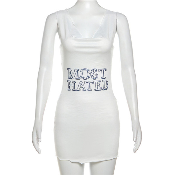 Metal chain backless letter printed irregular hollow out dress