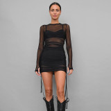 Round neck long sleeved mesh pleated adjustable length smock dress