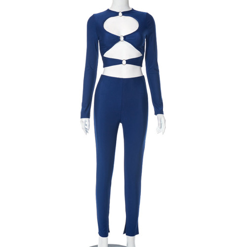 Tight circular hollow out long sleeved top and pants casual set