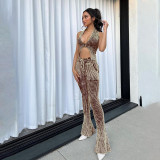 Knitted low collar tank top with high waist and long flared casual pants