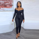 Solid color small V-neck off shoulder solid color long sleeved buttocks tight jumpsuit
