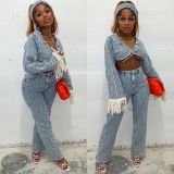 Fashion splicing tassel denim three piece set with headscarf