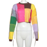 Tassel Contrast Round Neck Loose Open Navel Knitted Long Sleeve Sweater