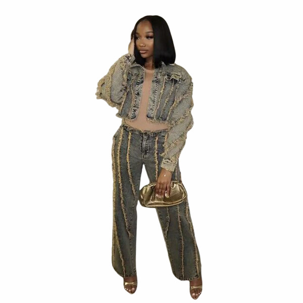 Denim pants set, long sleeved tassel stretch set