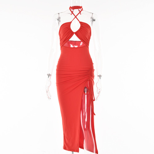 High Split Style Hanging Neck Long Dress with Strap Open Back Dress