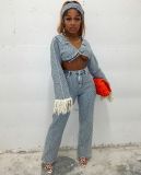 Fashion splicing tassel denim three piece set with headscarf