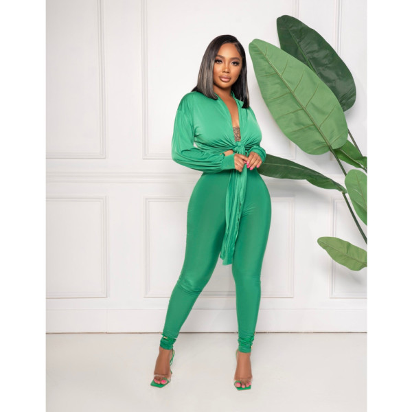 Solid sexy lace up long sleeved set