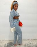 Fashion splicing tassel denim three piece set with headscarf
