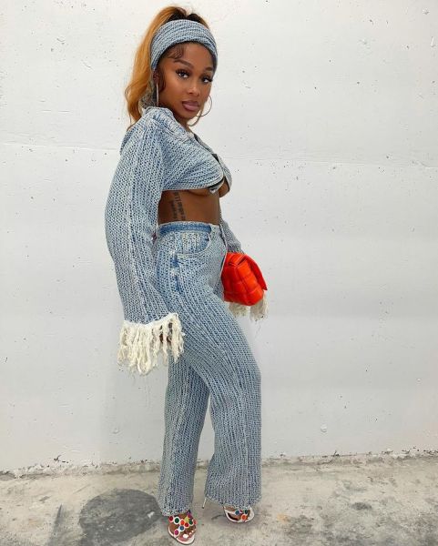 Fashion splicing tassel denim three piece set with headscarf