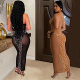 Women's Solid Color Sexy Bra Perspective Beaded Dress