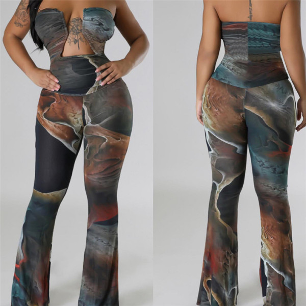 Chest bare back abstract printed high waisted long jumpsuit