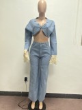 Fashion splicing tassel denim three piece set with headscarf