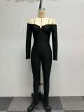 Solid color small V-neck off shoulder solid color long sleeved buttocks tight jumpsuit