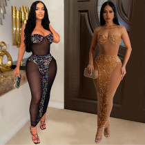 Women's Solid Color Sexy Bra Perspective Beaded Dress