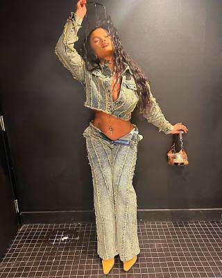 Denim pants set, long sleeved tassel stretch set