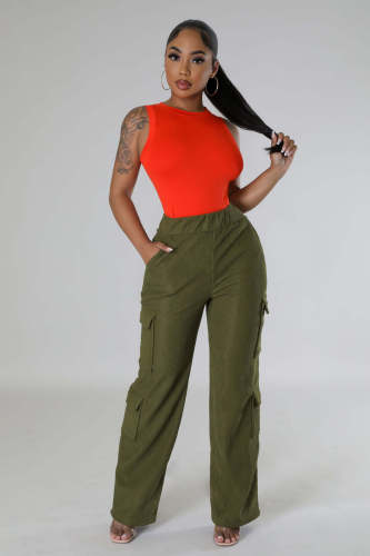 Loose casual multi pocket straight leg wide leg pants