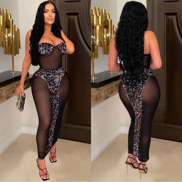Women's Solid Color Sexy Bra Perspective Beaded Dress