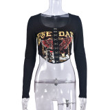 Printed long sleeved sexy navel exposed slim fitting short breasted top