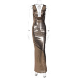 American Ice Silk Solid V-Neck Open Back Slim Fit Mid length Dress