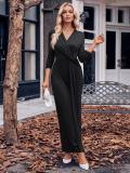 Casual V-neck Solid Twisted Waist Long Sleeve Dress