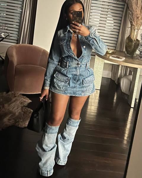 Feminine Multi Pocket Washed Denim Dress Three Piece Set (including hem)