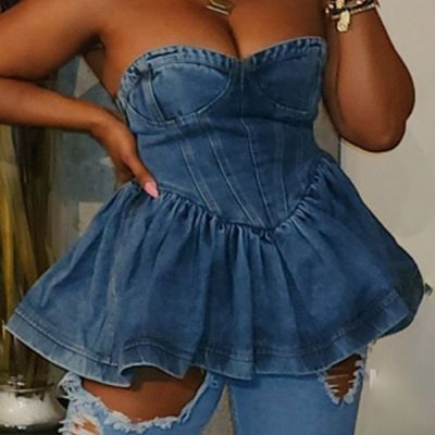 Chest Wrap Stretch Sexy Back Zipper Denim Mini Dress