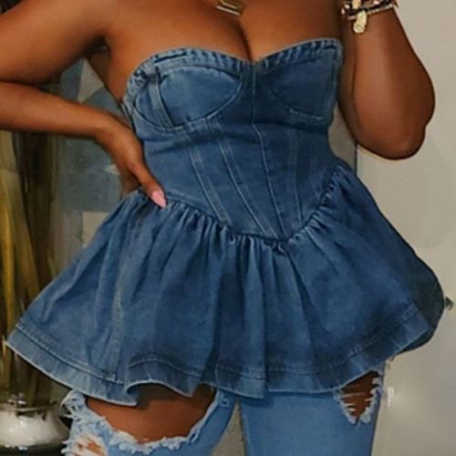 Chest Wrap Stretch Sexy Back Zipper Denim Mini Dress
