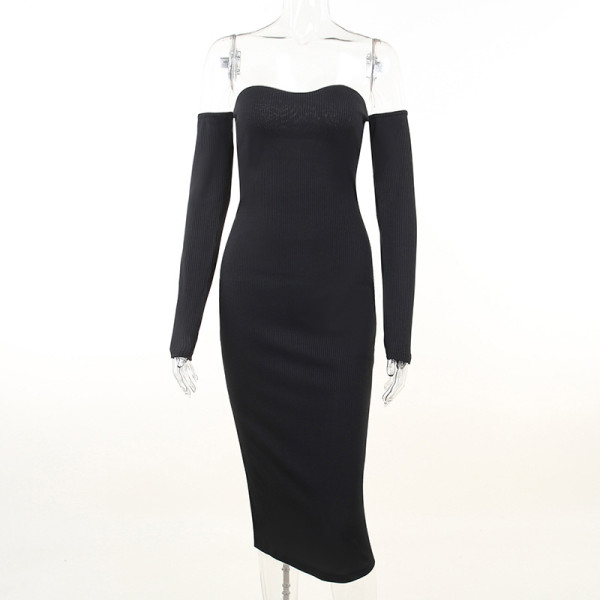 Sexy buttocks wrapped knit off shoulder long sleeved bra dress