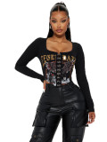 Printed long sleeved sexy navel exposed slim fitting short breasted top