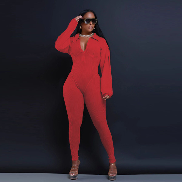 Women's V-neck sheep leg sleeve tight patchwork jumpsuit