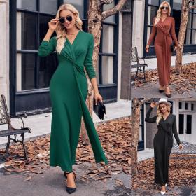 Casual V-neck Solid Twisted Waist Long Sleeve Dress